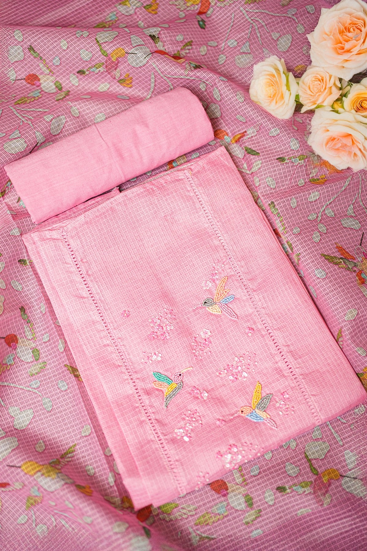 Kota Pink Embroidered Dress Material