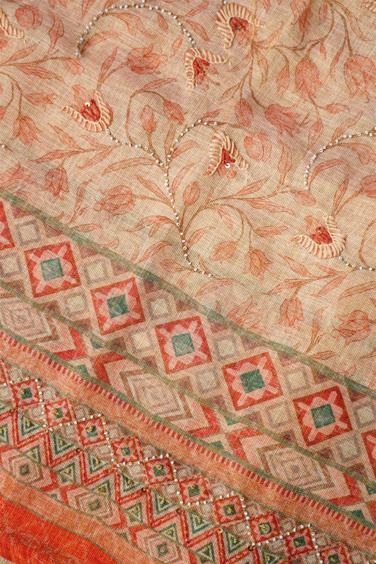 Linen Tissue Peach Printed Dress Material