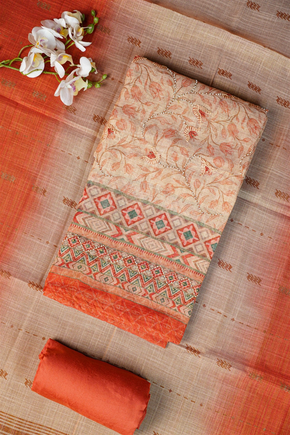 Linen Tissue Peach Printed Dress Material