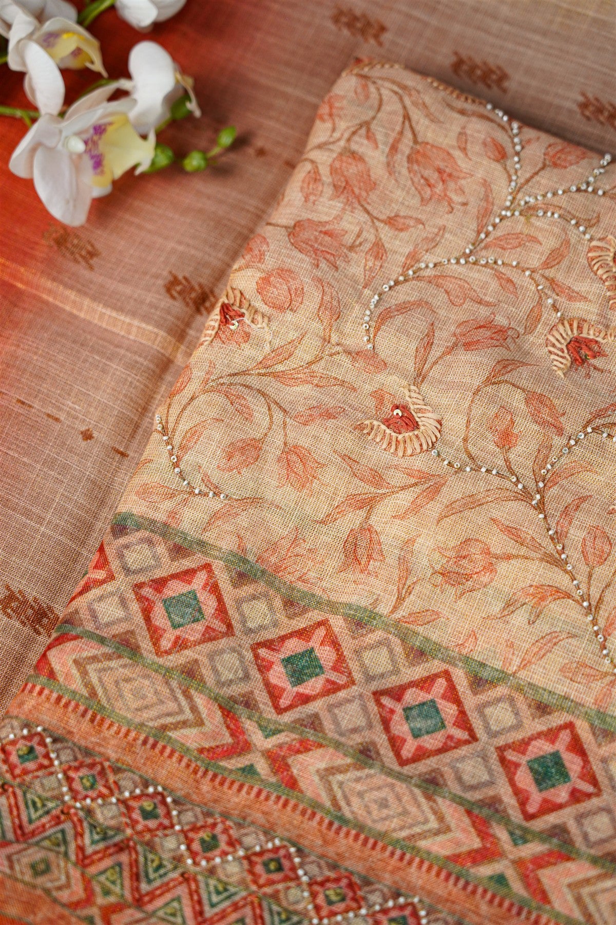 Linen Tissue Peach Printed Dress Material