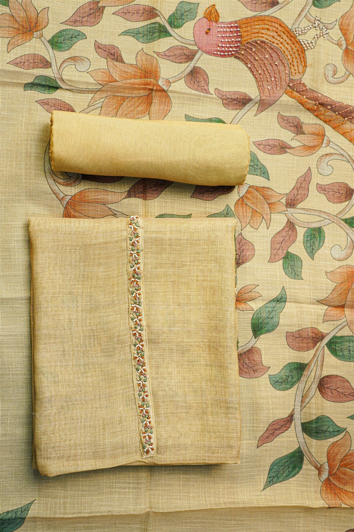 Linen Tissue Beige Printed Dress Material