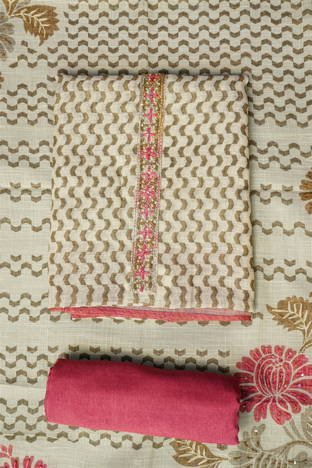 Linen Tissue Beige Geometric Printed Dress Material