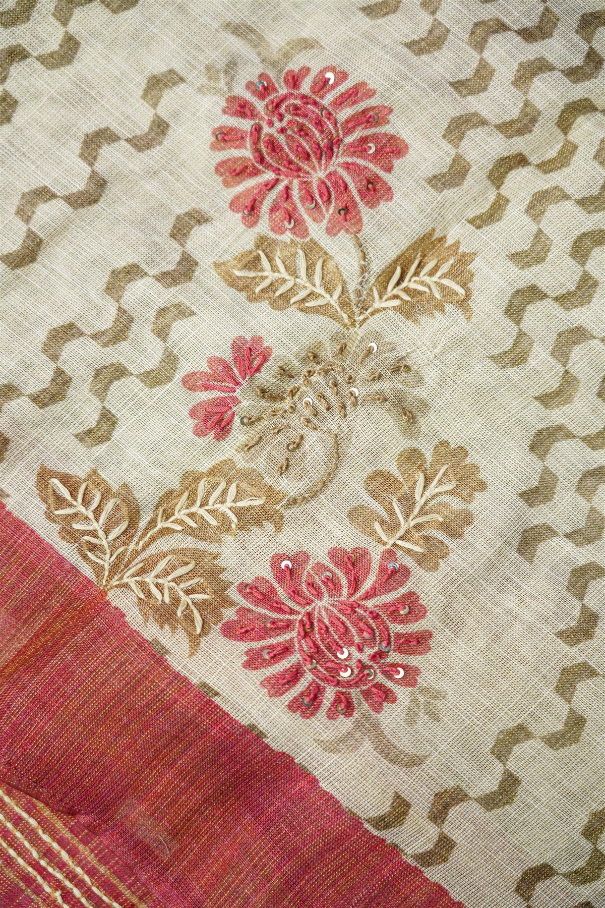 Linen Tissue Beige Geometric Printed Dress Material
