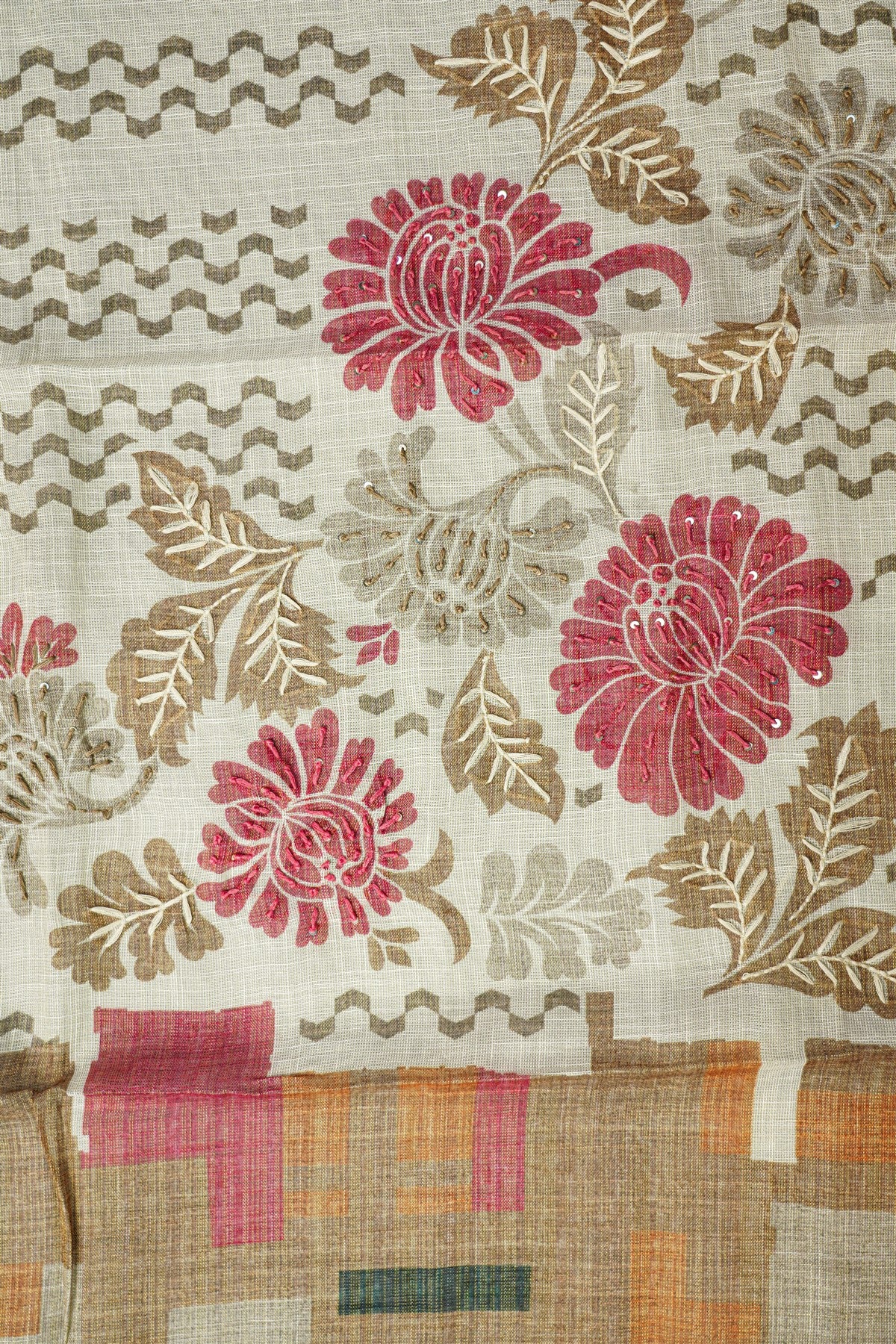 Linen Tissue Beige Geometric Printed Dress Material