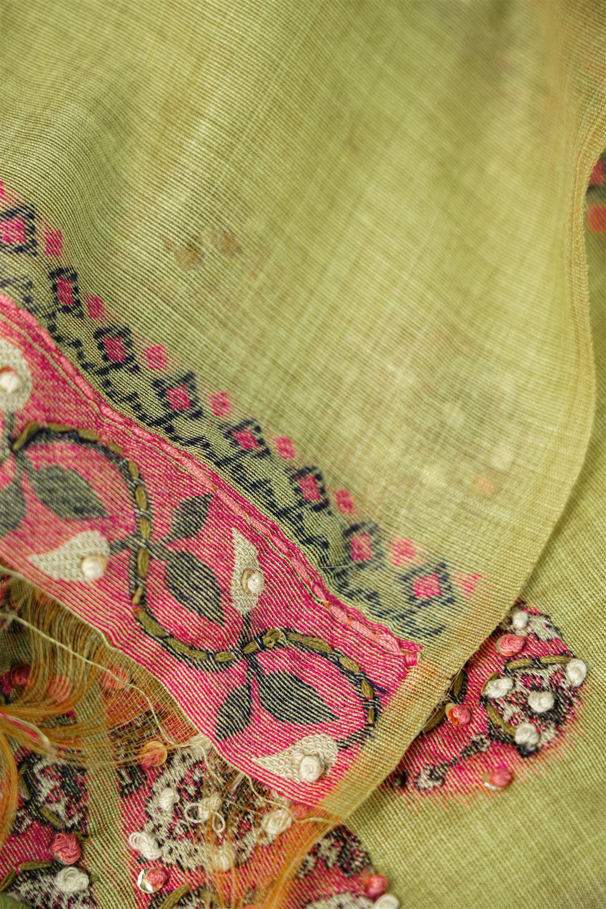 Chanderi Olive Green Floral Embroidered Dress Material