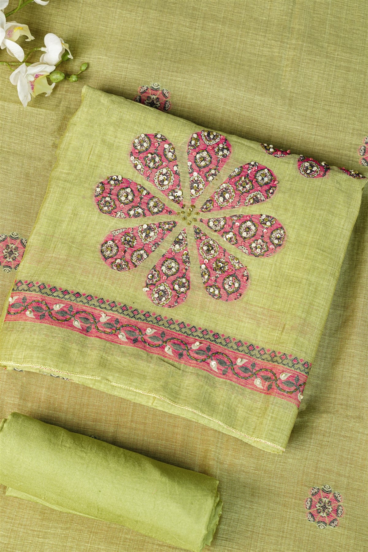 Chanderi Olive Green Floral Embroidered Dress Material