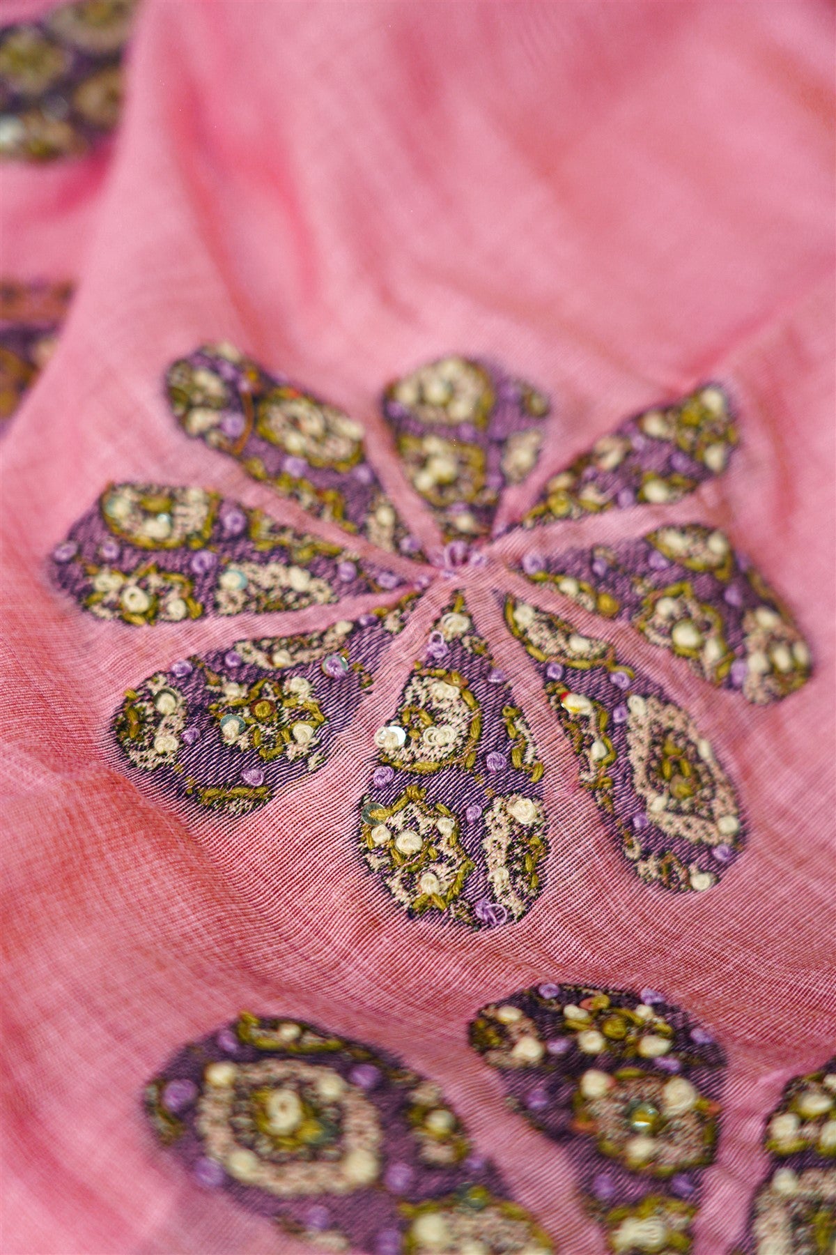 Chanderi Pink Floral Embroidered Dress Material