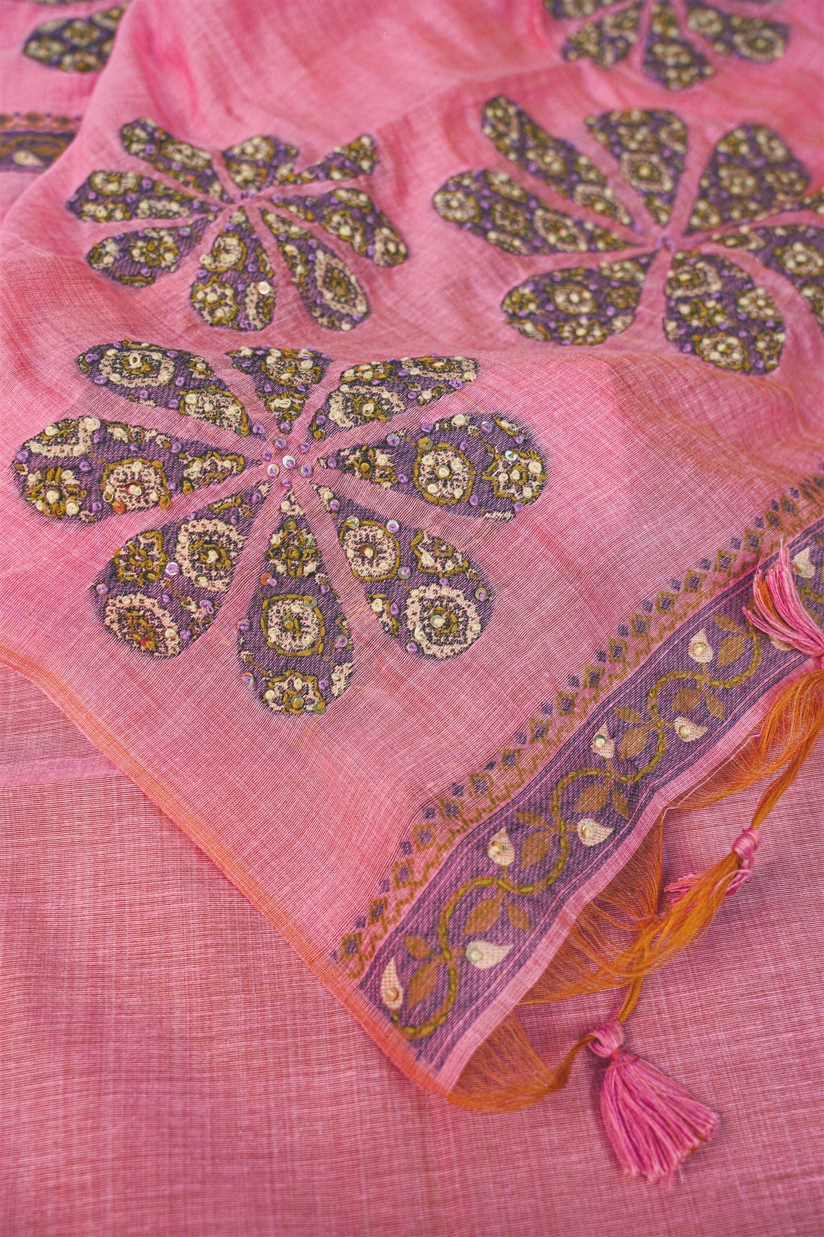 Chanderi Pink Floral Embroidered Dress Material