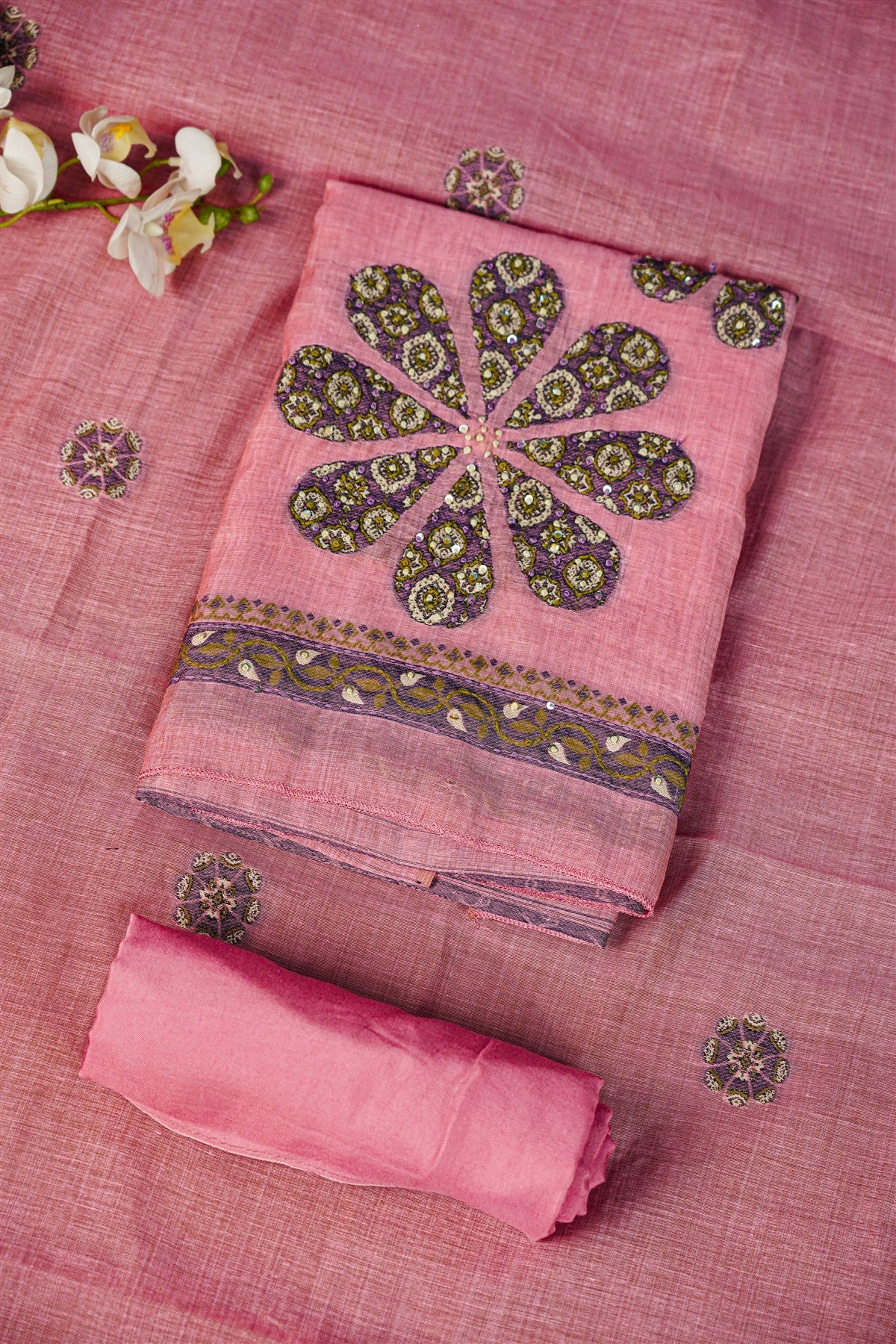 Chanderi Pink Floral Embroidered Dress Material