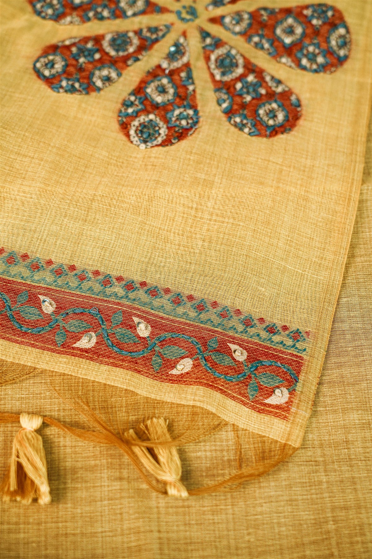 Chanderi Mustard Floral Embroidered Dress Material