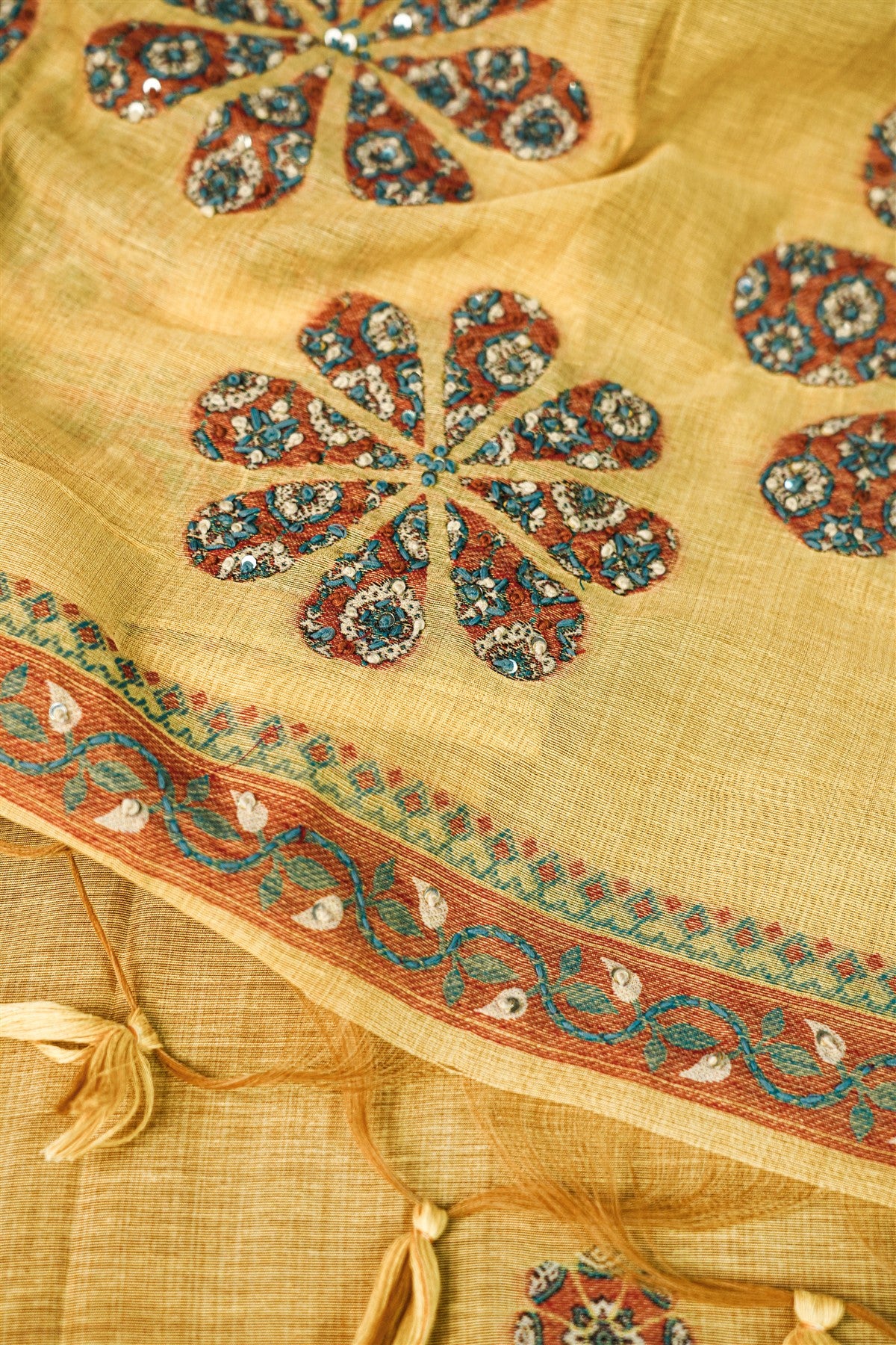 Chanderi Mustard Floral Embroidered Dress Material