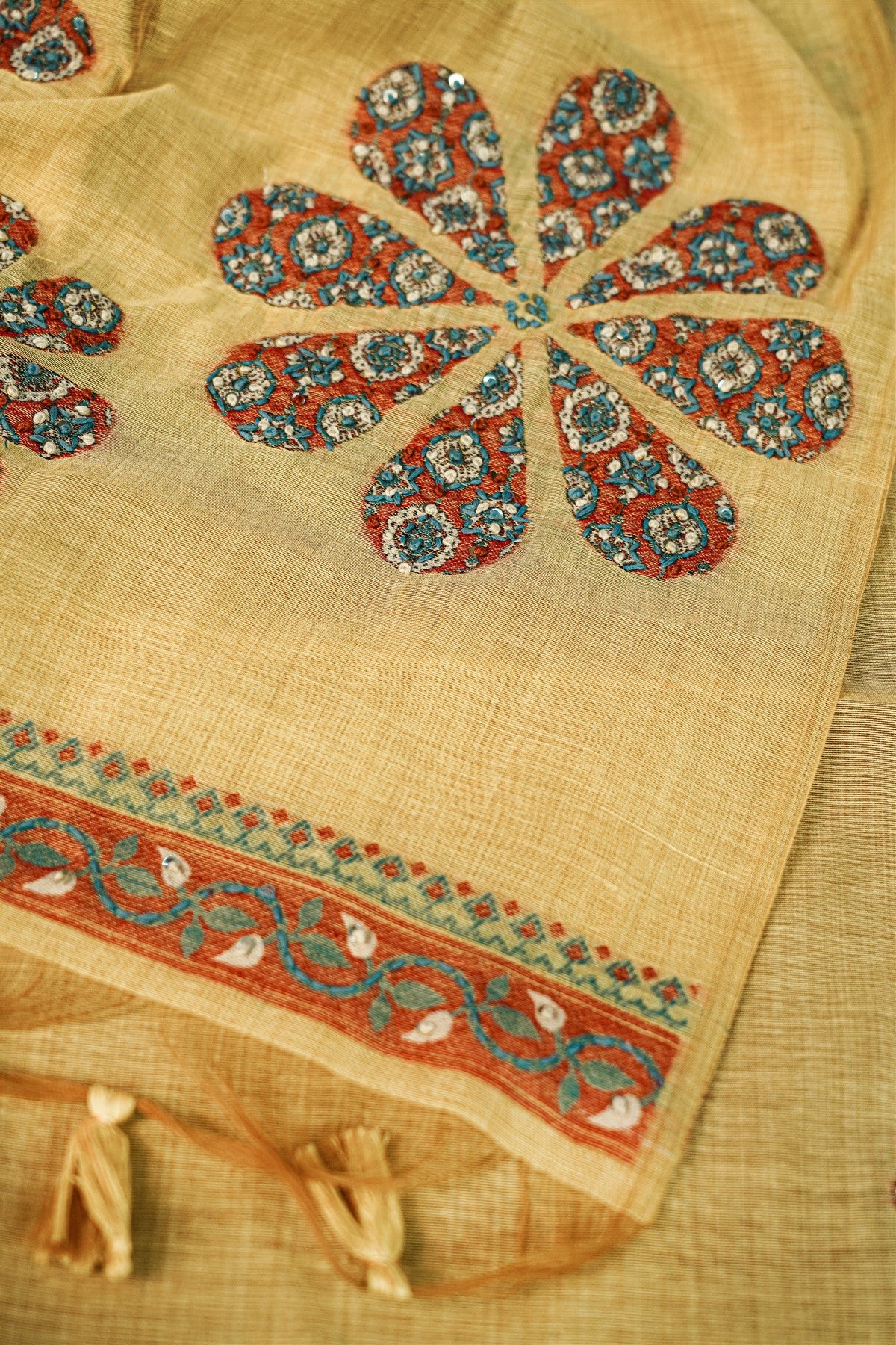 Chanderi Mustard Floral Embroidered Dress Material