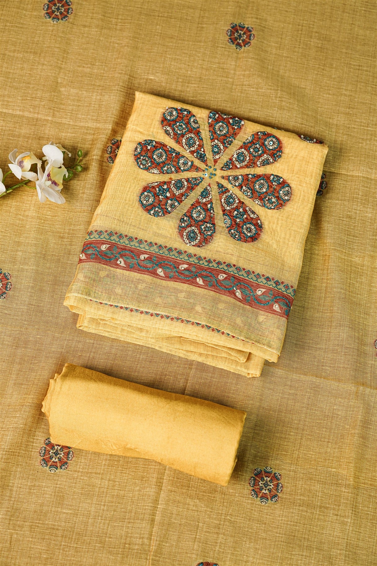 Chanderi Mustard Floral Embroidered Dress Material
