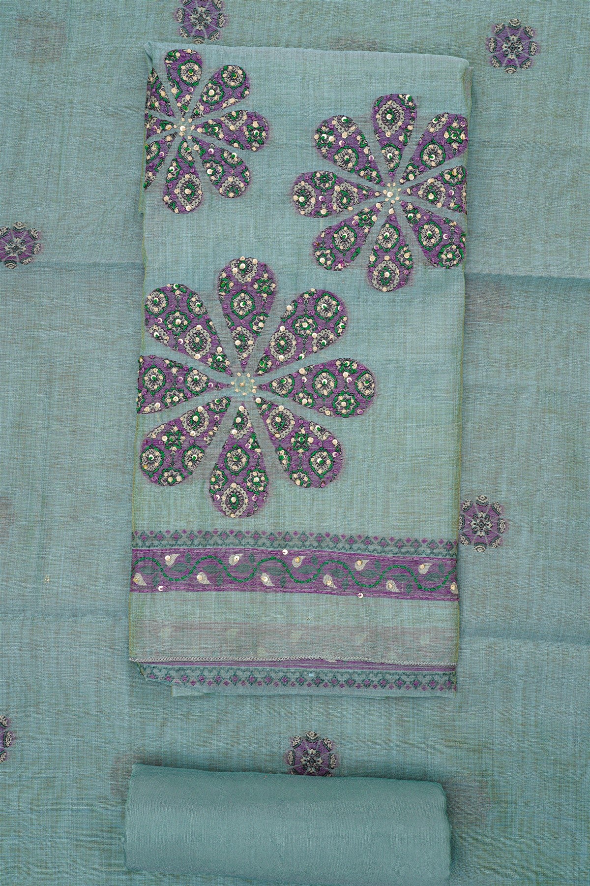 Chanderi Sea Green Floral Embroidered Dress Material