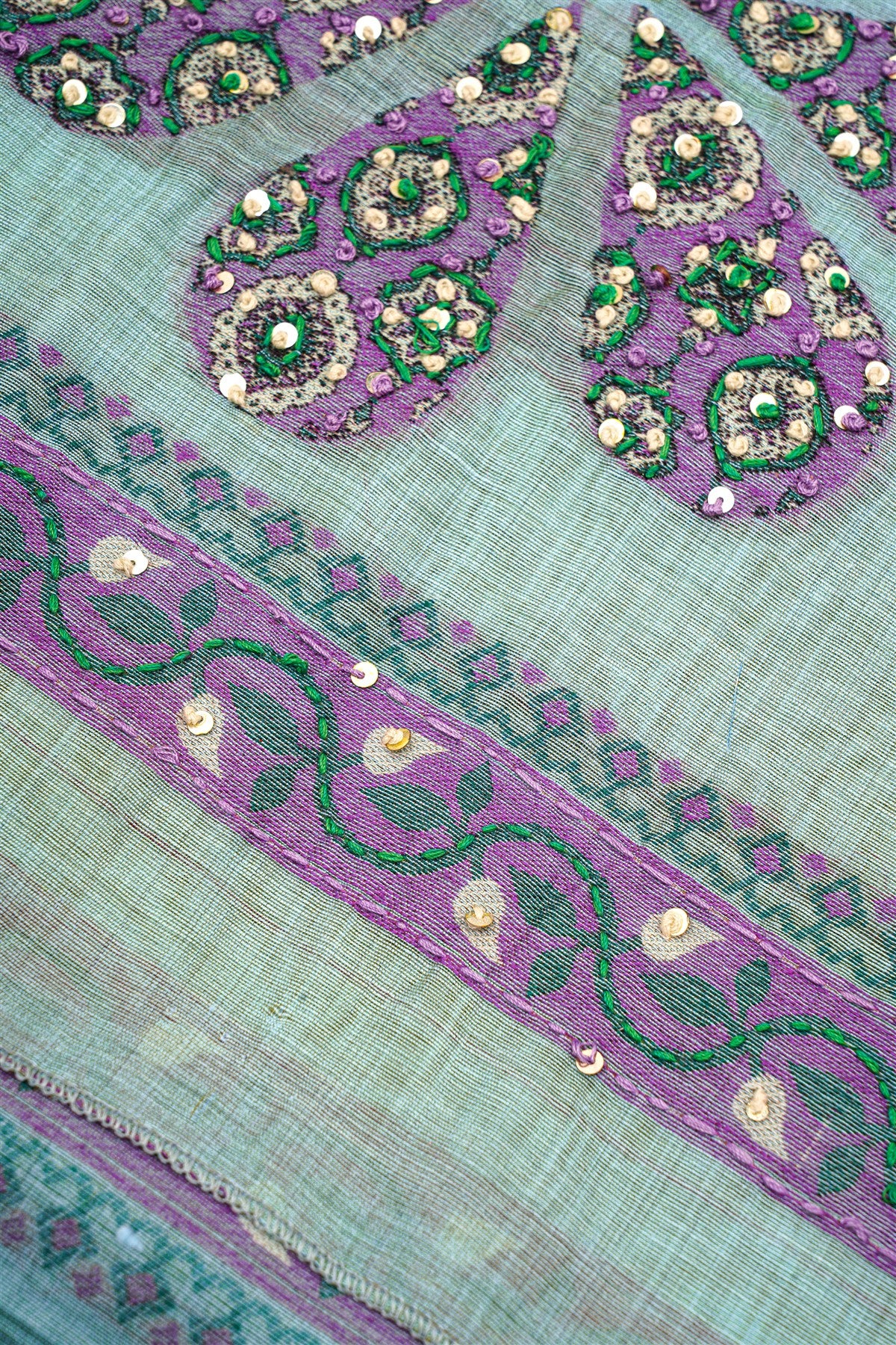 Chanderi Sea Green Floral Embroidered Dress Material