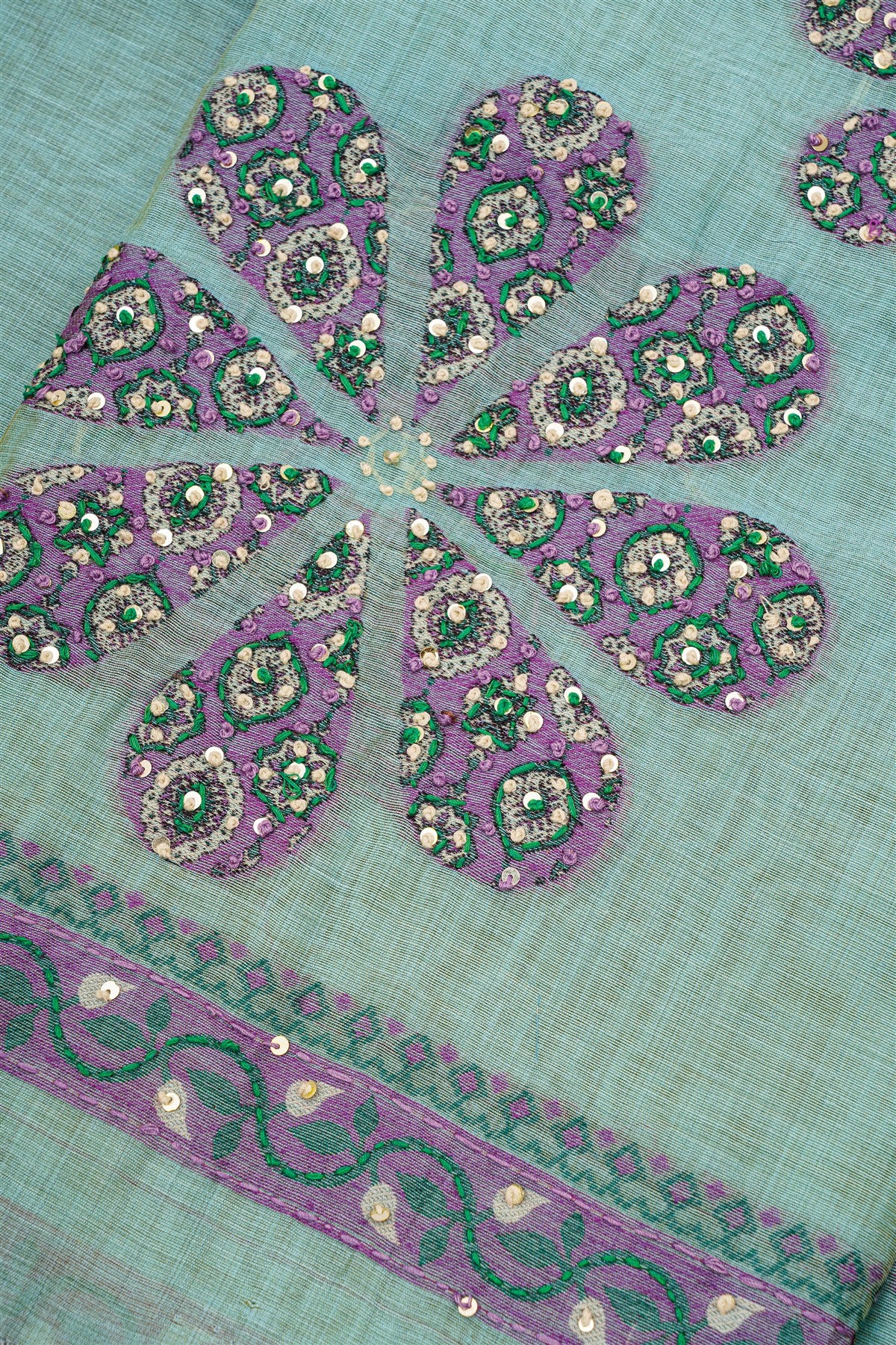 Chanderi Sea Green Floral Embroidered Dress Material