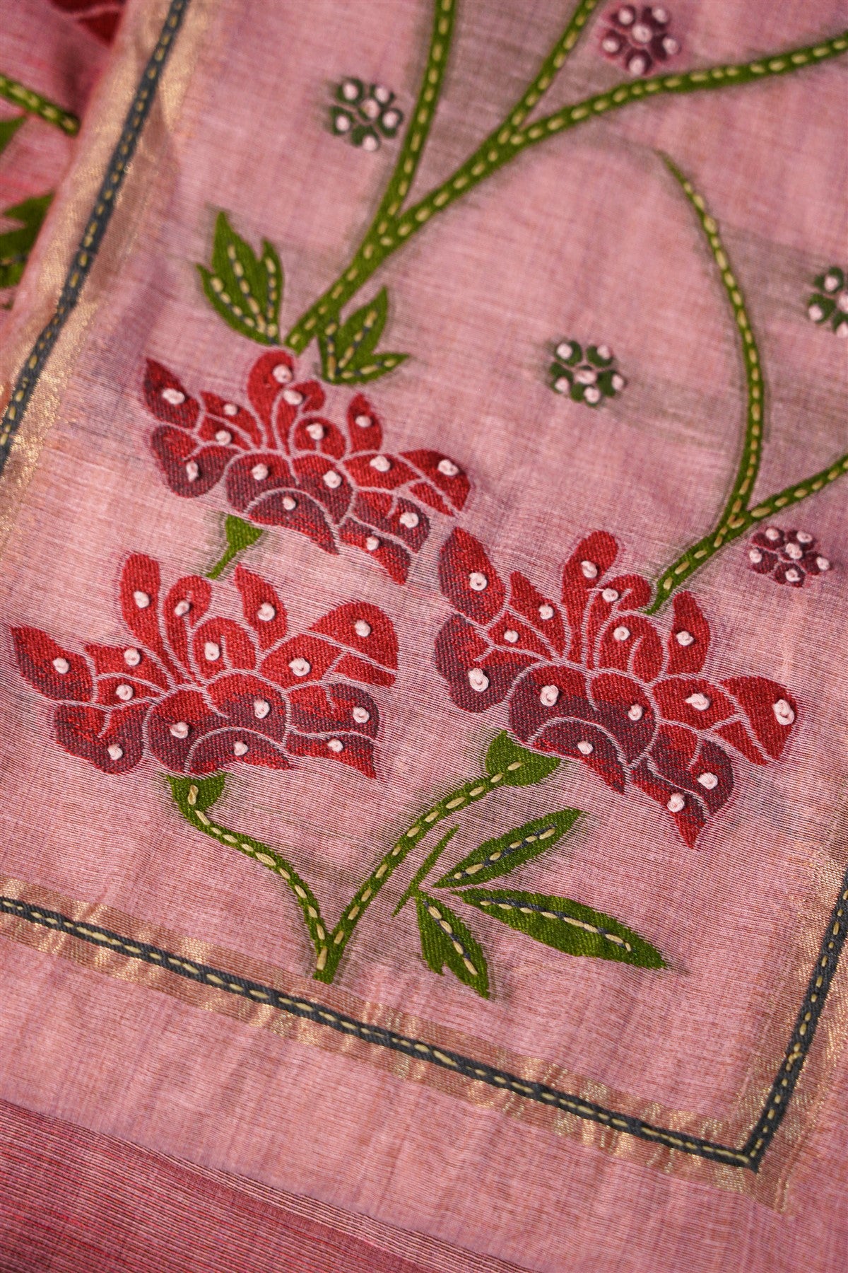 Chanderi Pink Floral Embroidered Dress Material