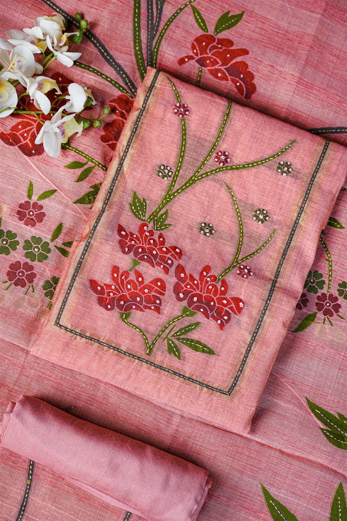 Chanderi Pink Floral Embroidered Dress Material