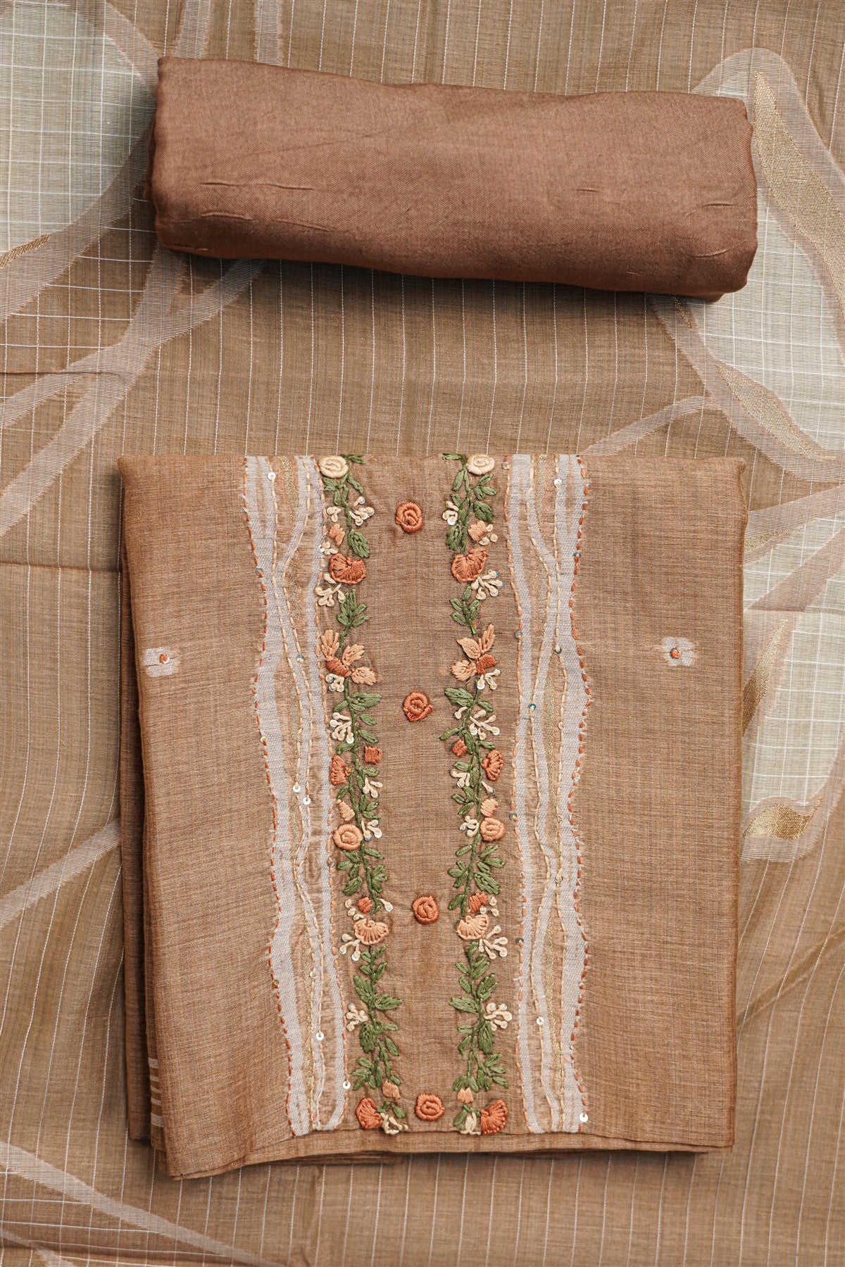 Chanderi Brown Embroidered Dress Material