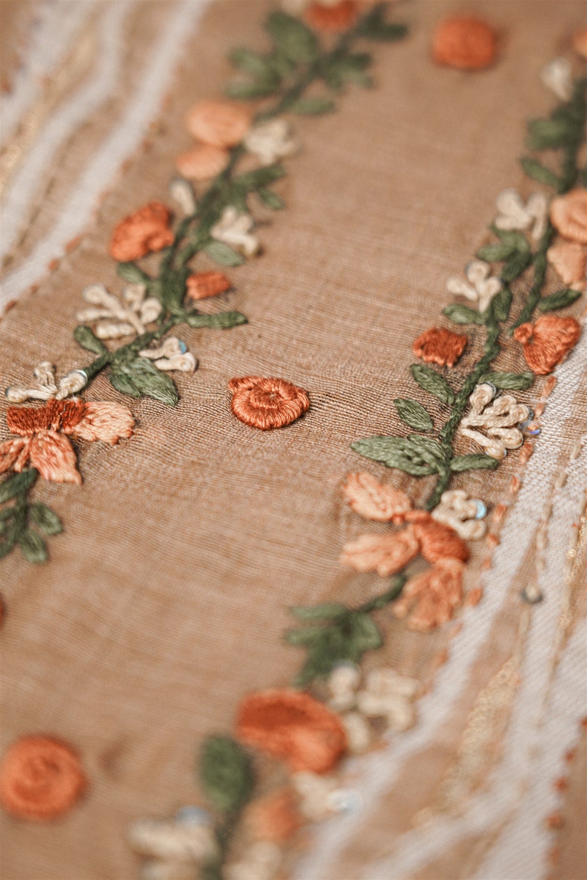 Chanderi Brown Embroidered Dress Material