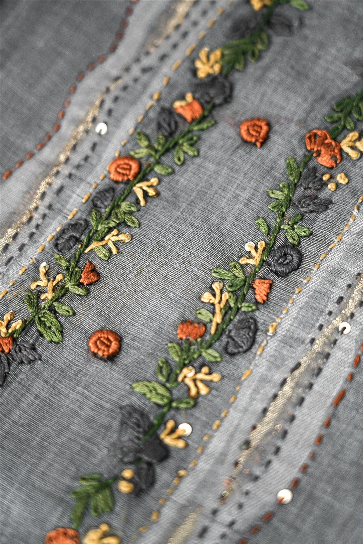 Chanderi Grey Embroidered Floral Dress Material