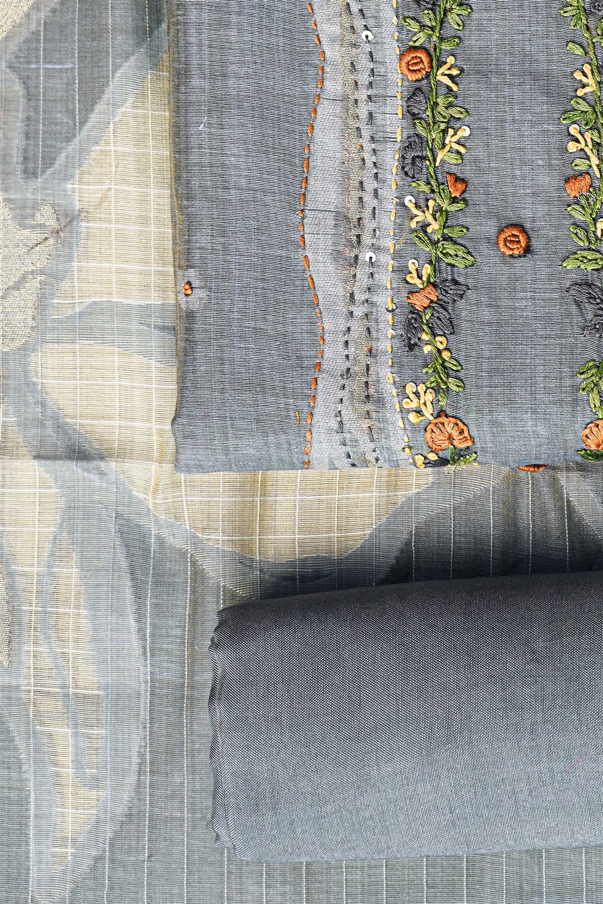 Chanderi Grey Embroidered Floral Dress Material