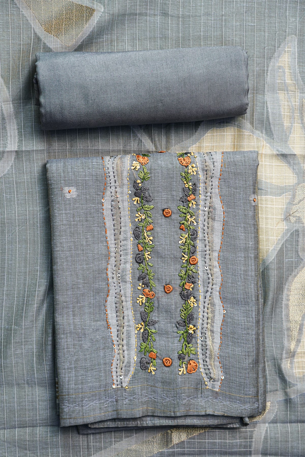 Chanderi Grey Embroidered Floral Dress Material
