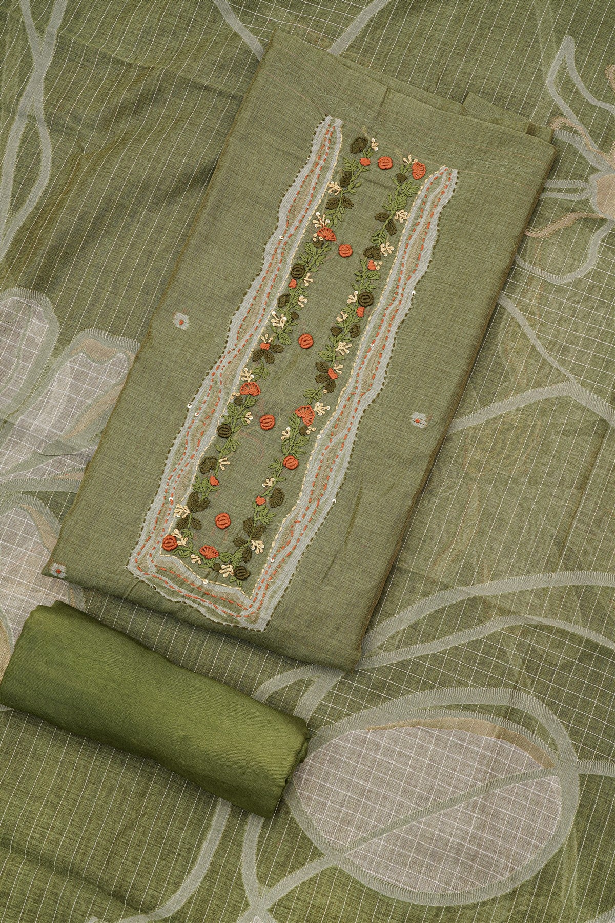 Chanderi Olive Green Floral Embroidery Dress Material