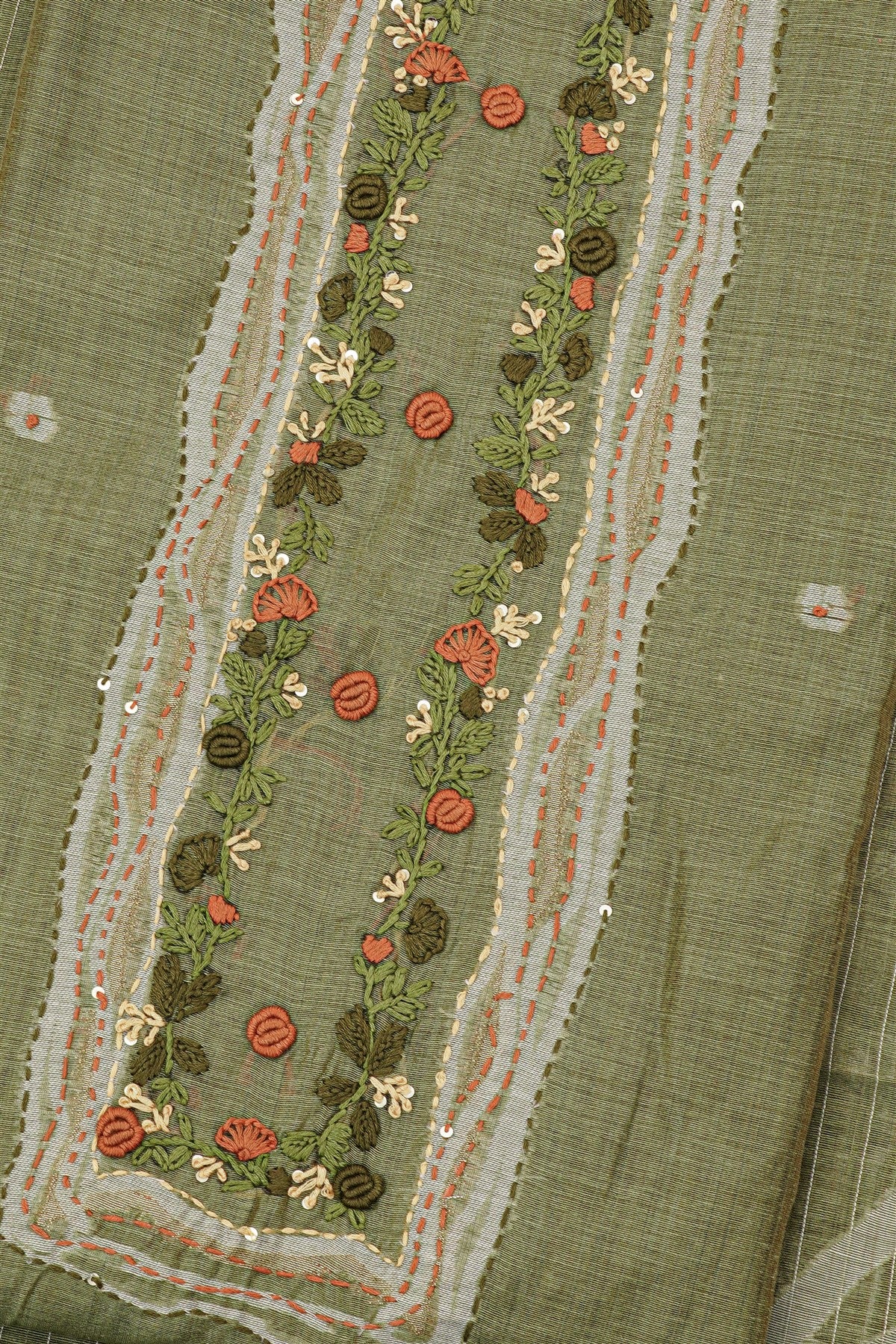 Chanderi Olive Green Floral Embroidery Dress Material