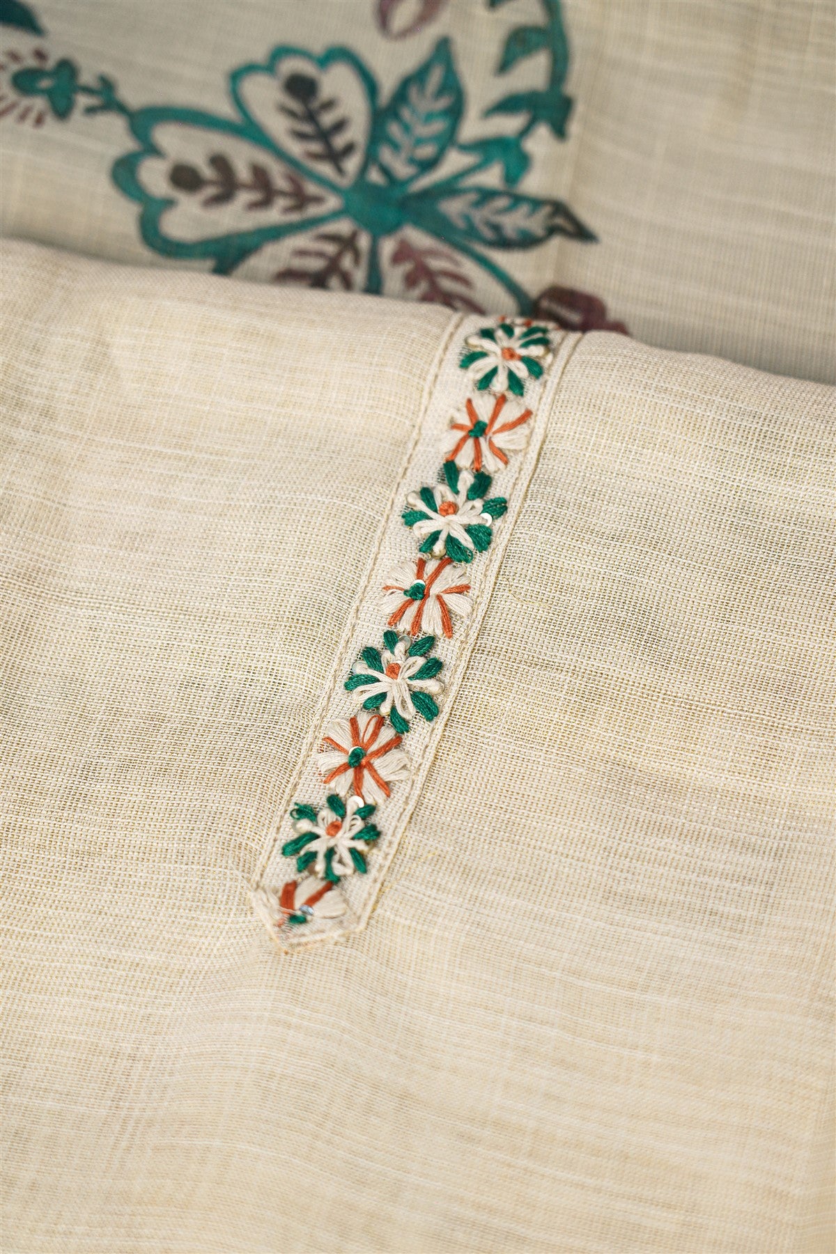 Linen Tissue Beige Floral Embroidered Dress Material