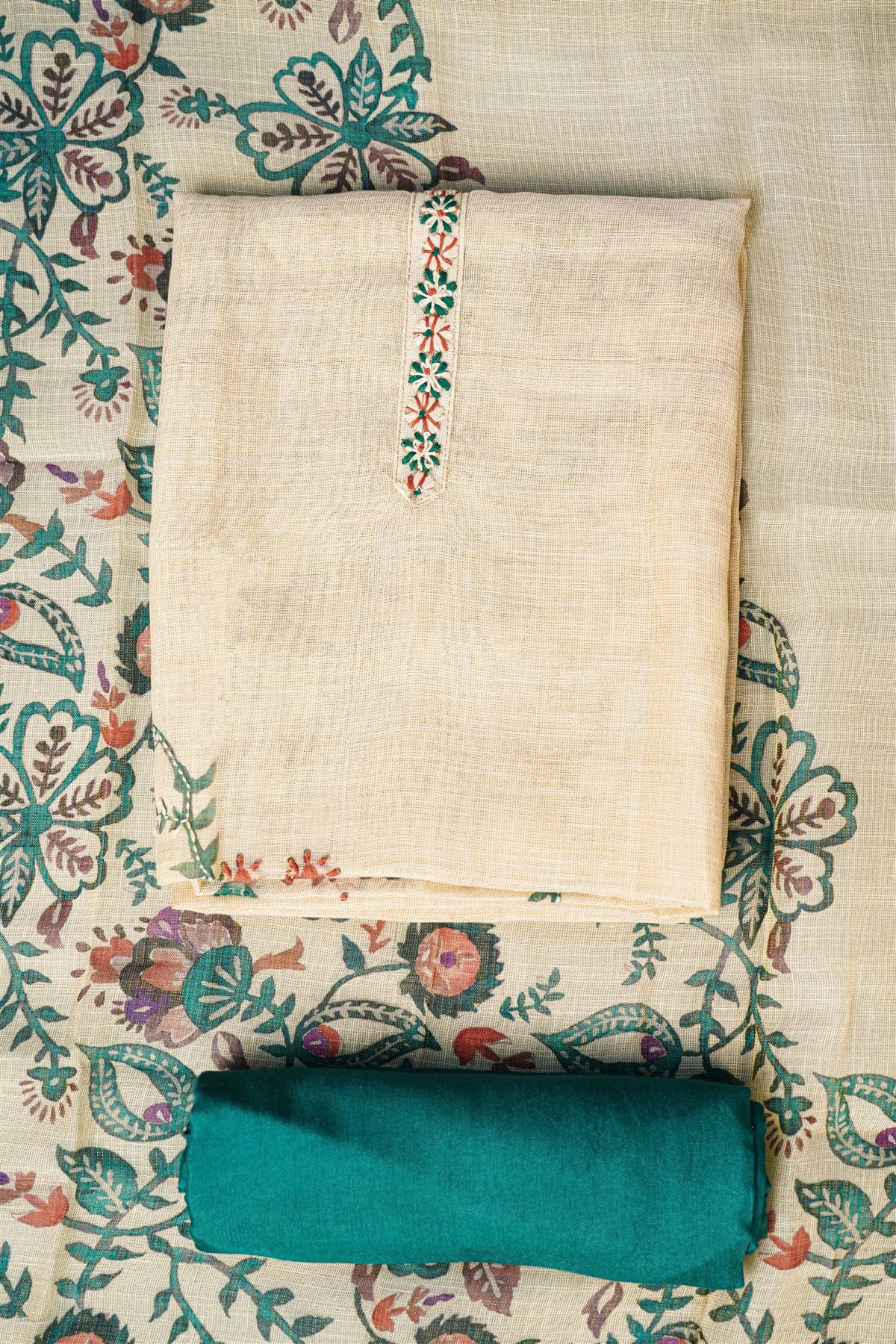 Linen Tissue Beige Floral Embroidered Dress Material