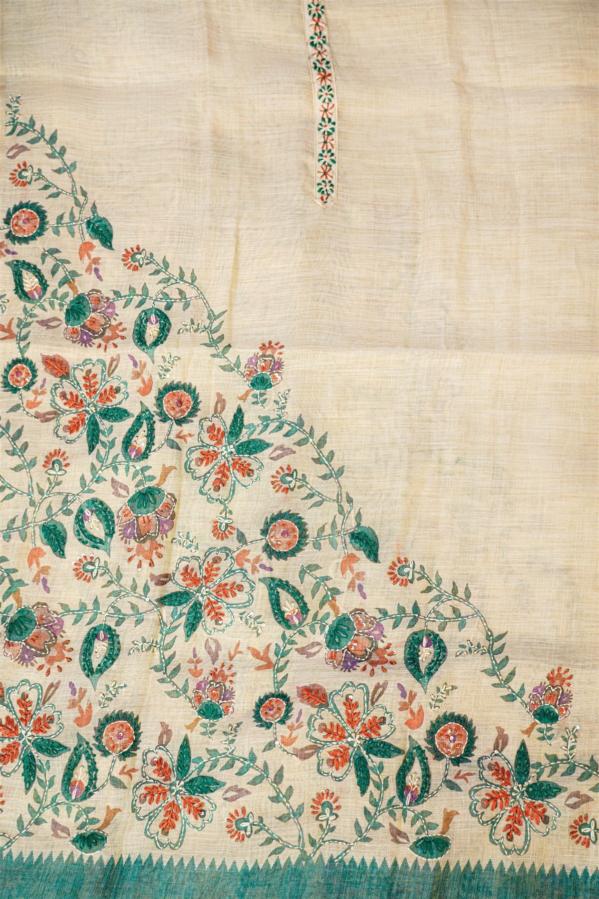 Linen Tissue Beige Floral Embroidered Dress Material