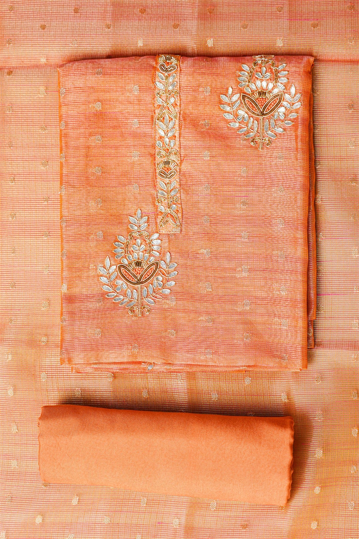 Kota Orange Embroidered Dress Material