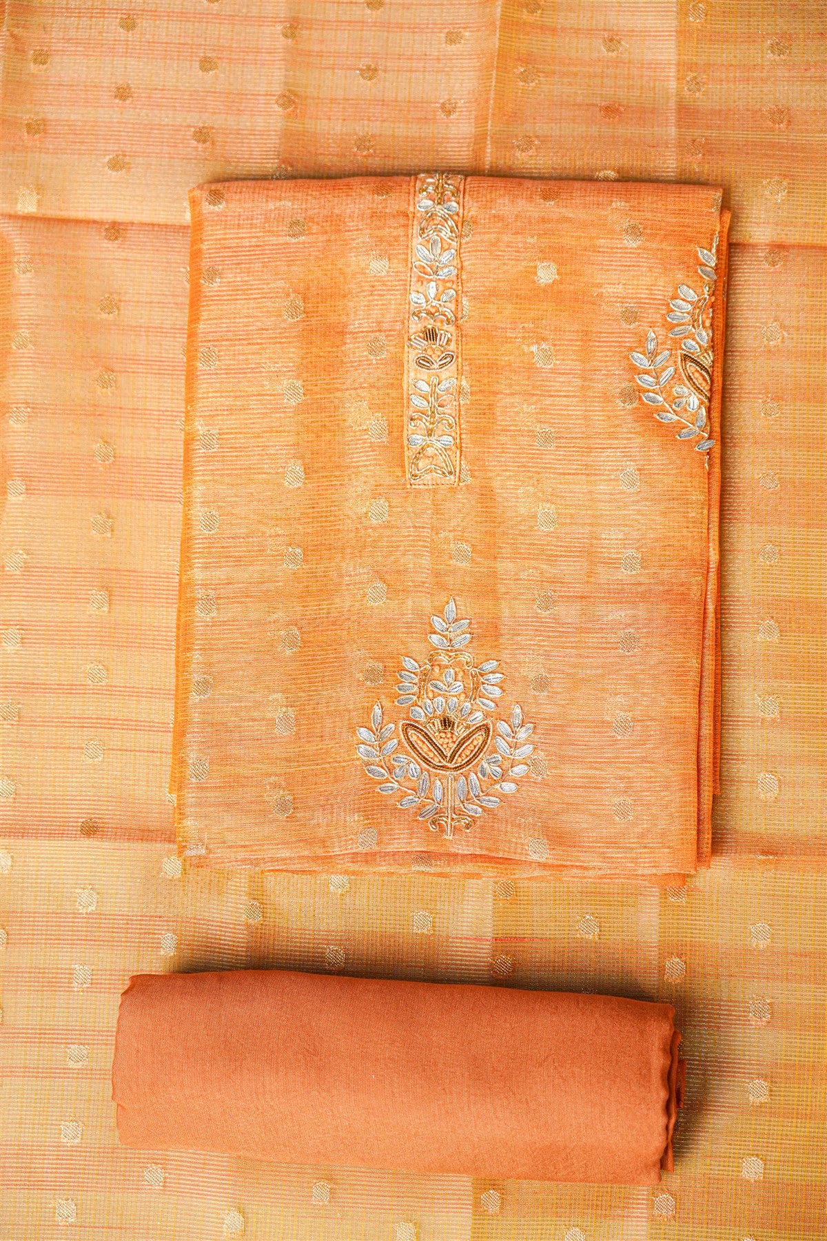 Kota Orange Embroidered Dress Material