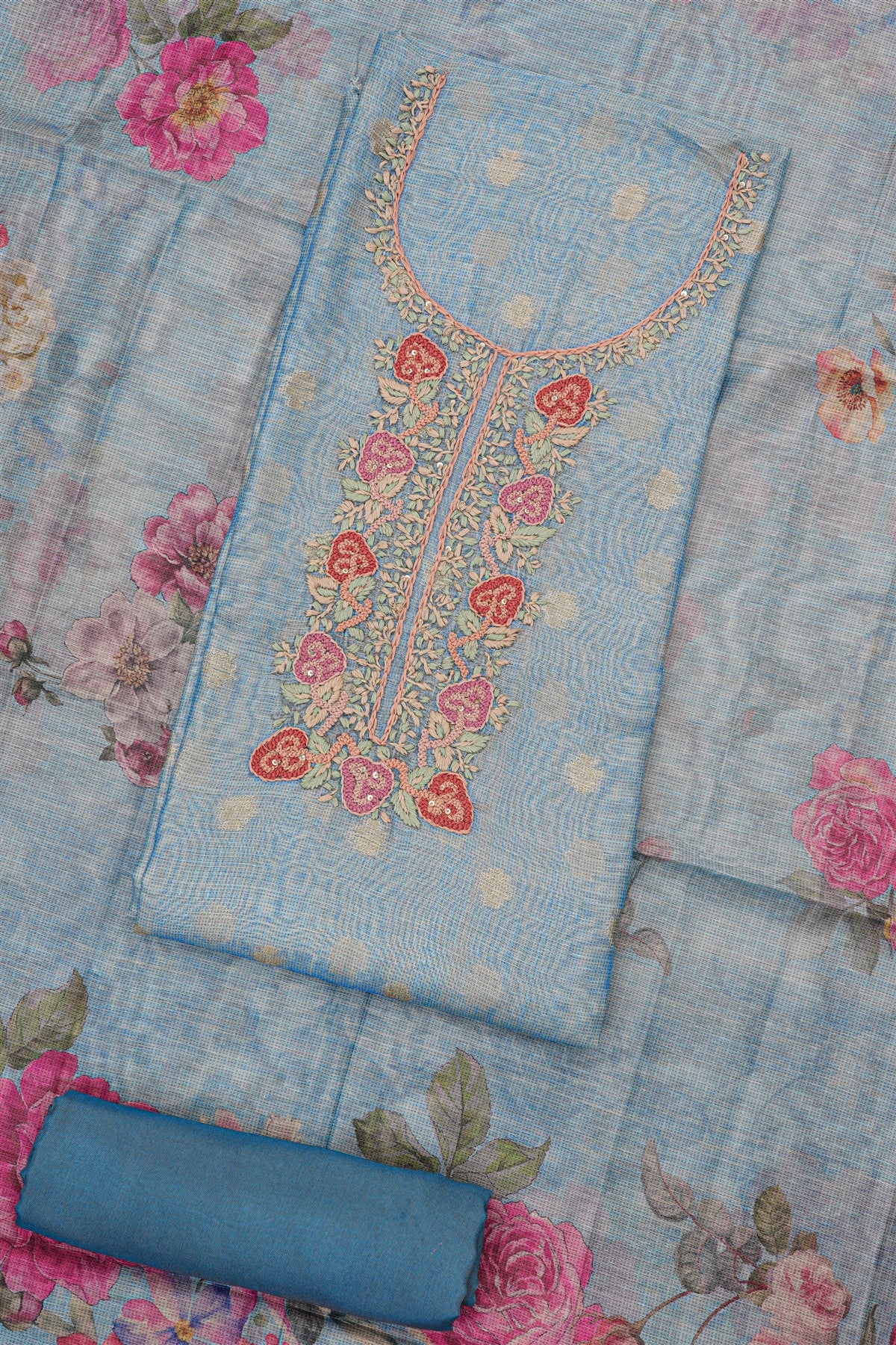 Kota Light Blue Floral Embroidered Dress Material