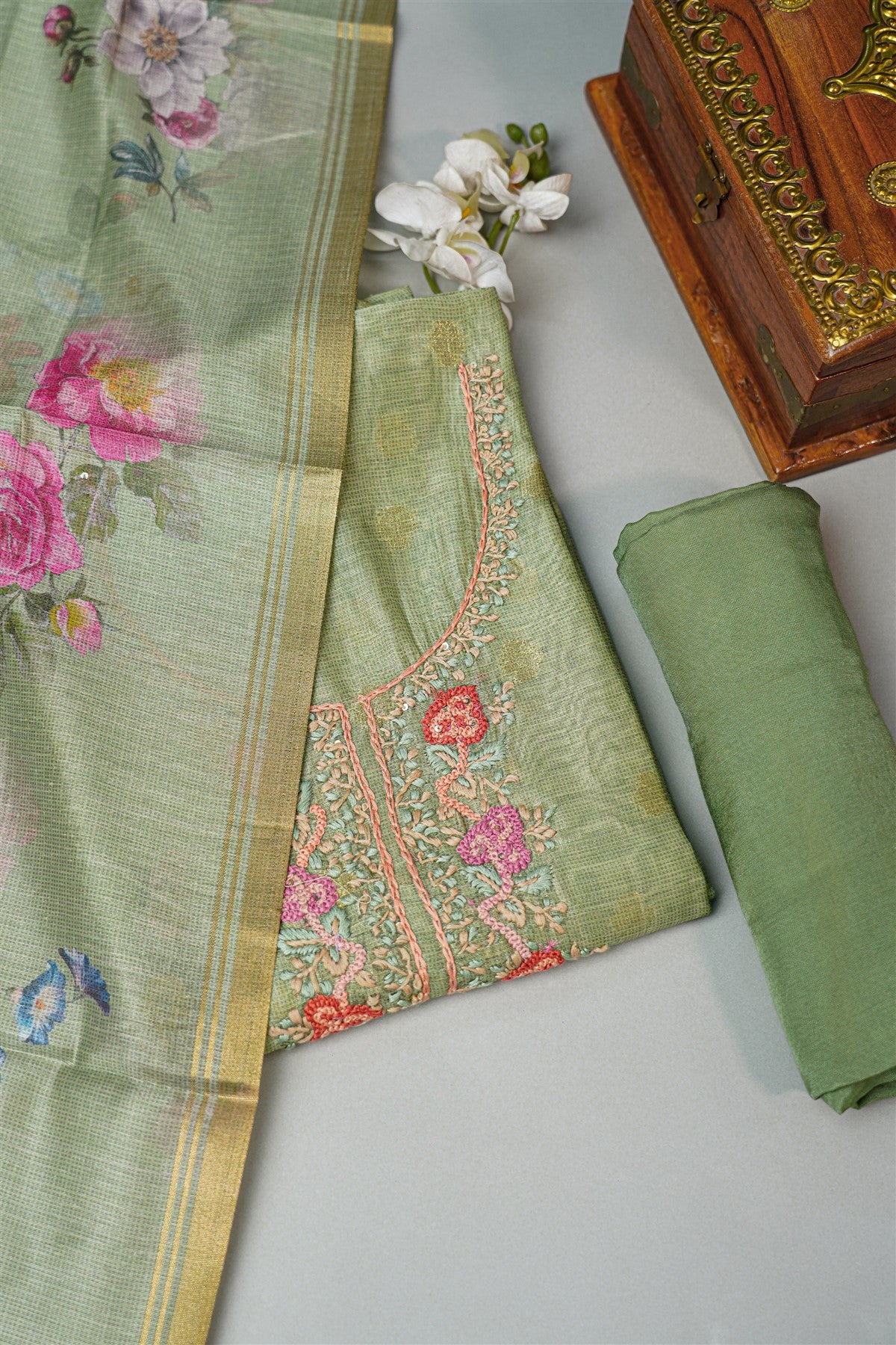 Kota Light Green Floral Embroidery Dress Material