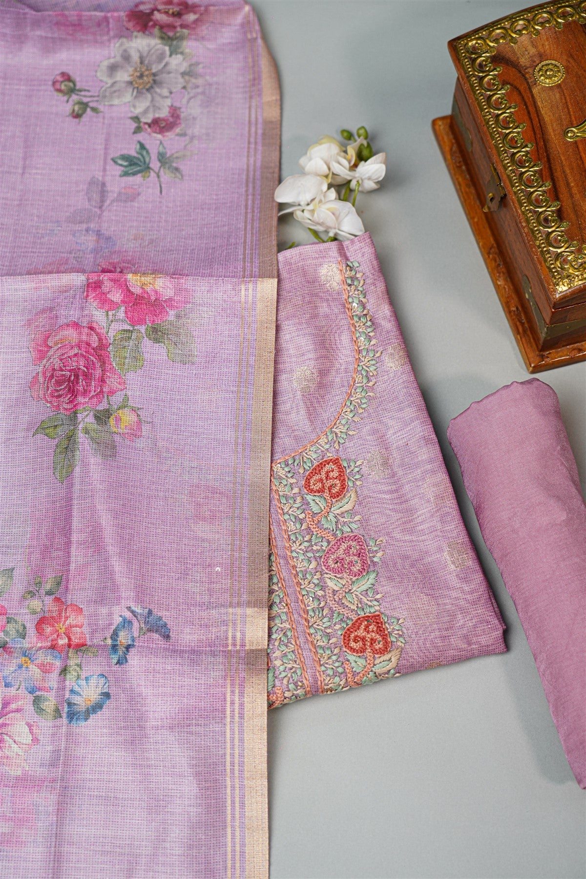 Kota Lavender Floral Embroidery Dress Material