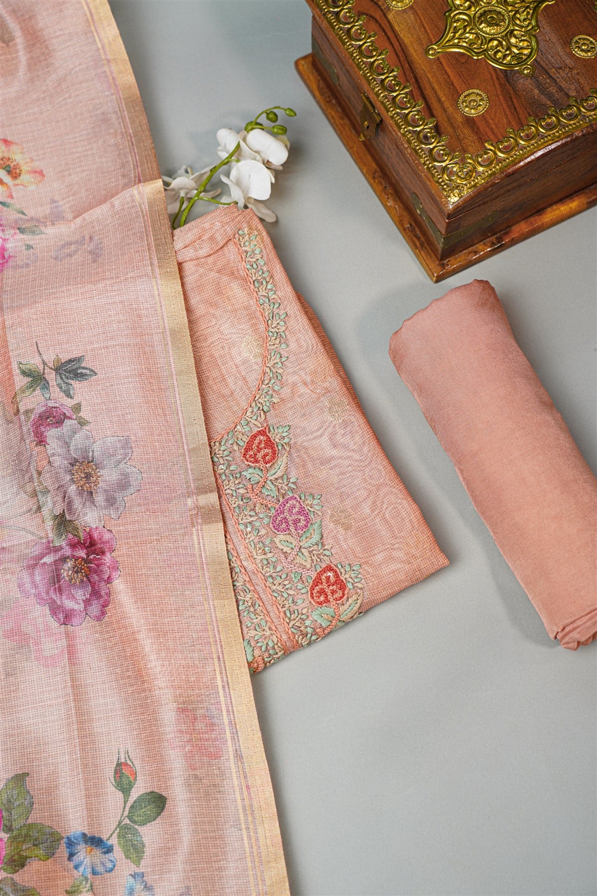 Kota Peach Floral Embroidery Dress Material
