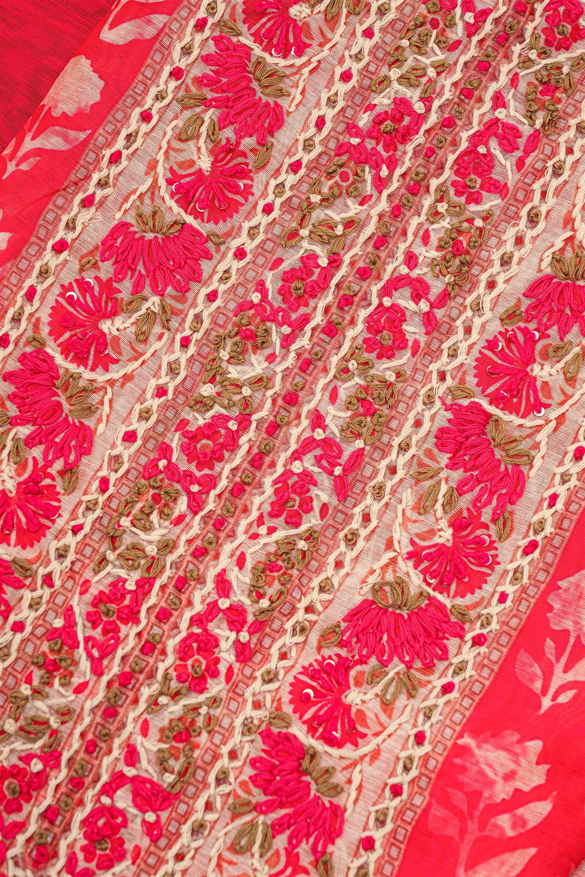 Chanderi Dark Pink Floral Embroidered Dress Material