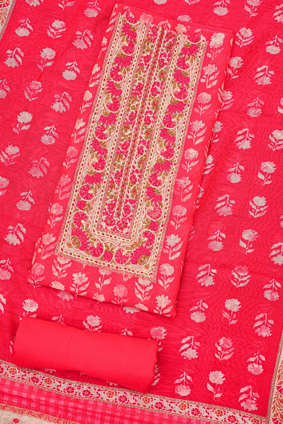 Chanderi Dark Pink Floral Embroidered Dress Material