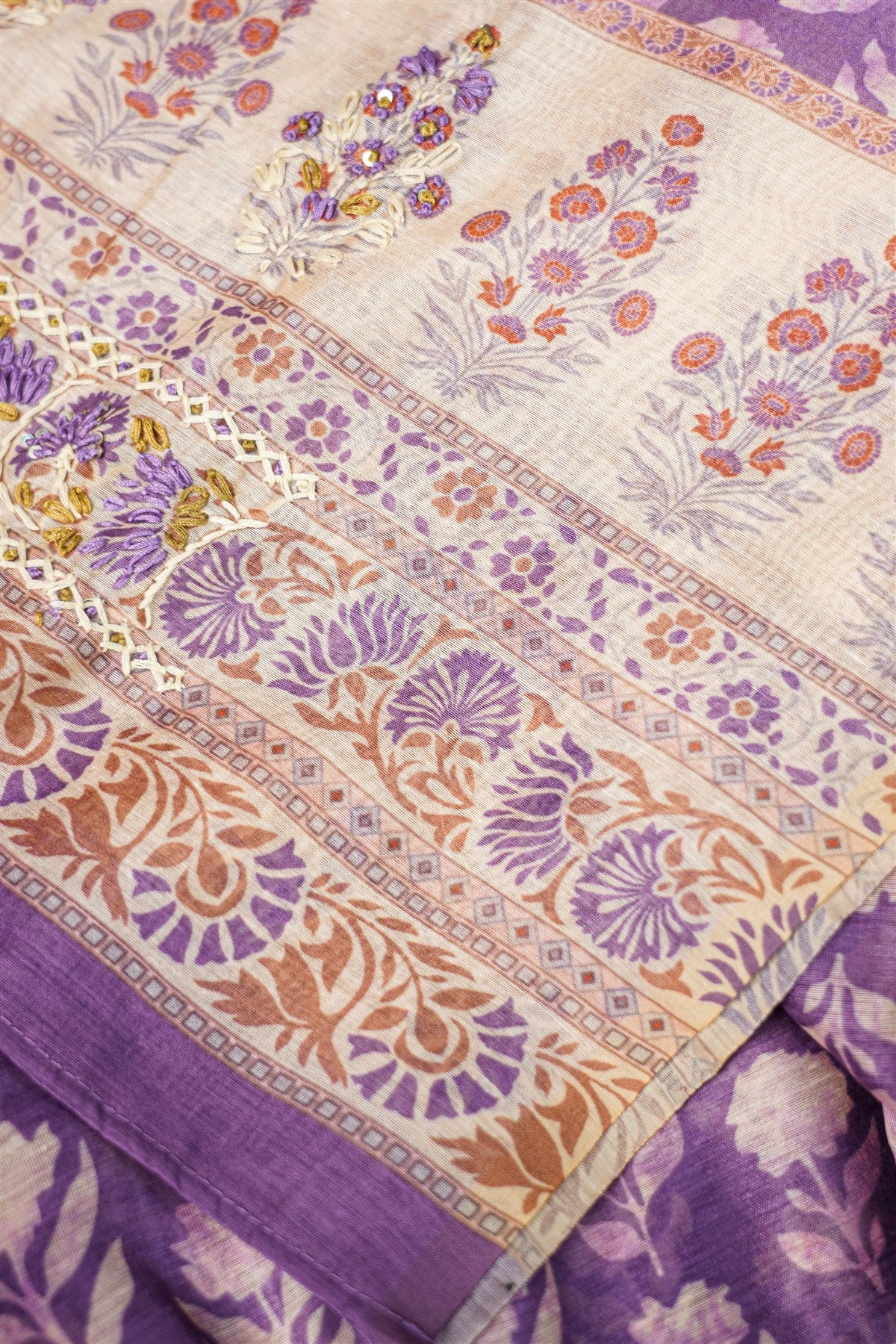 Chanderi Purple Floral Embroidery Dress Material