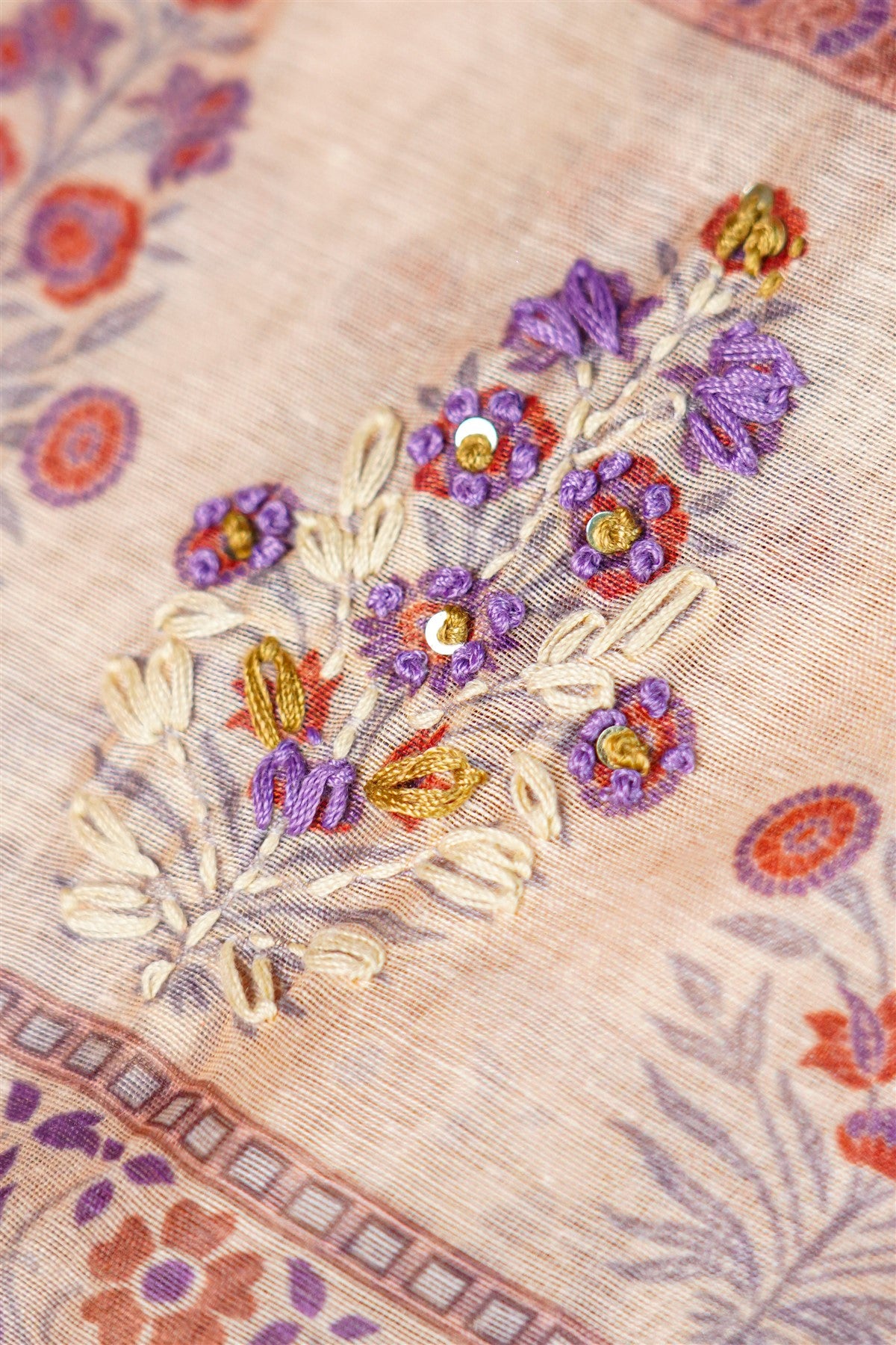 Chanderi Purple Floral Embroidery Dress Material