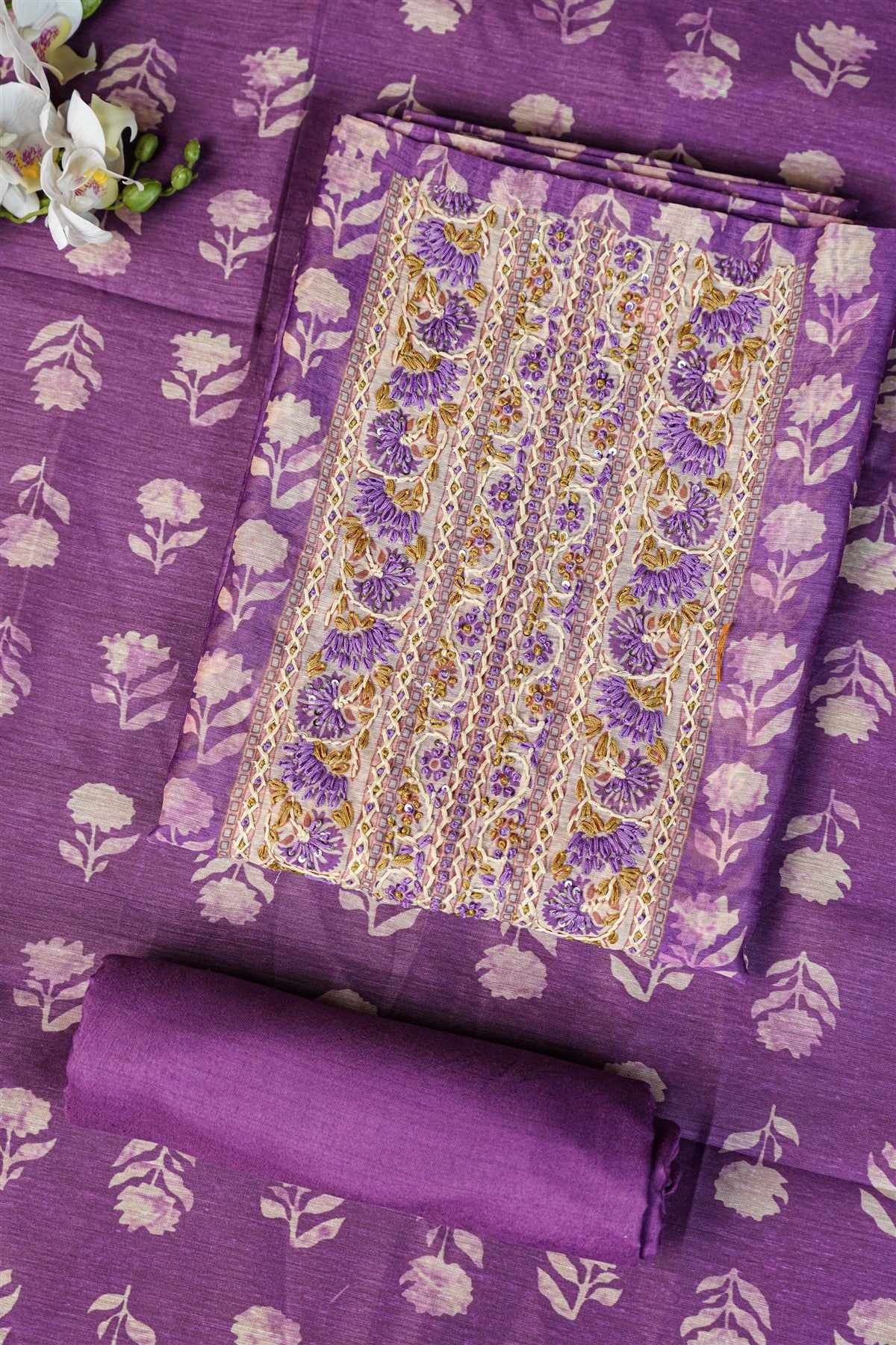 Chanderi Purple Floral Embroidery Dress Material
