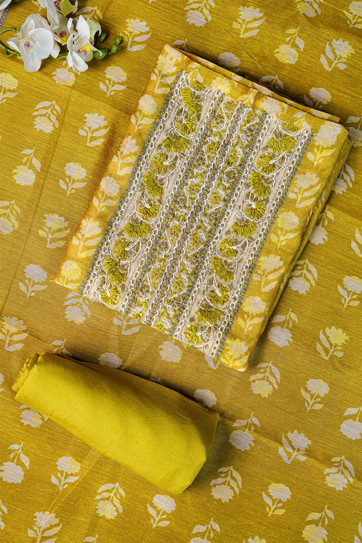 Chanderi Mustard Yellow Floral Embroidered Dress Material