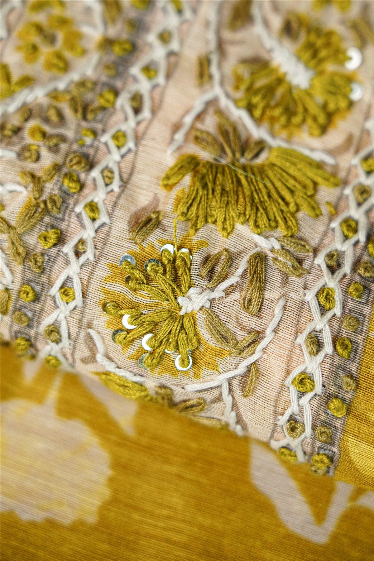 Chanderi Mustard Yellow Floral Embroidered Dress Material