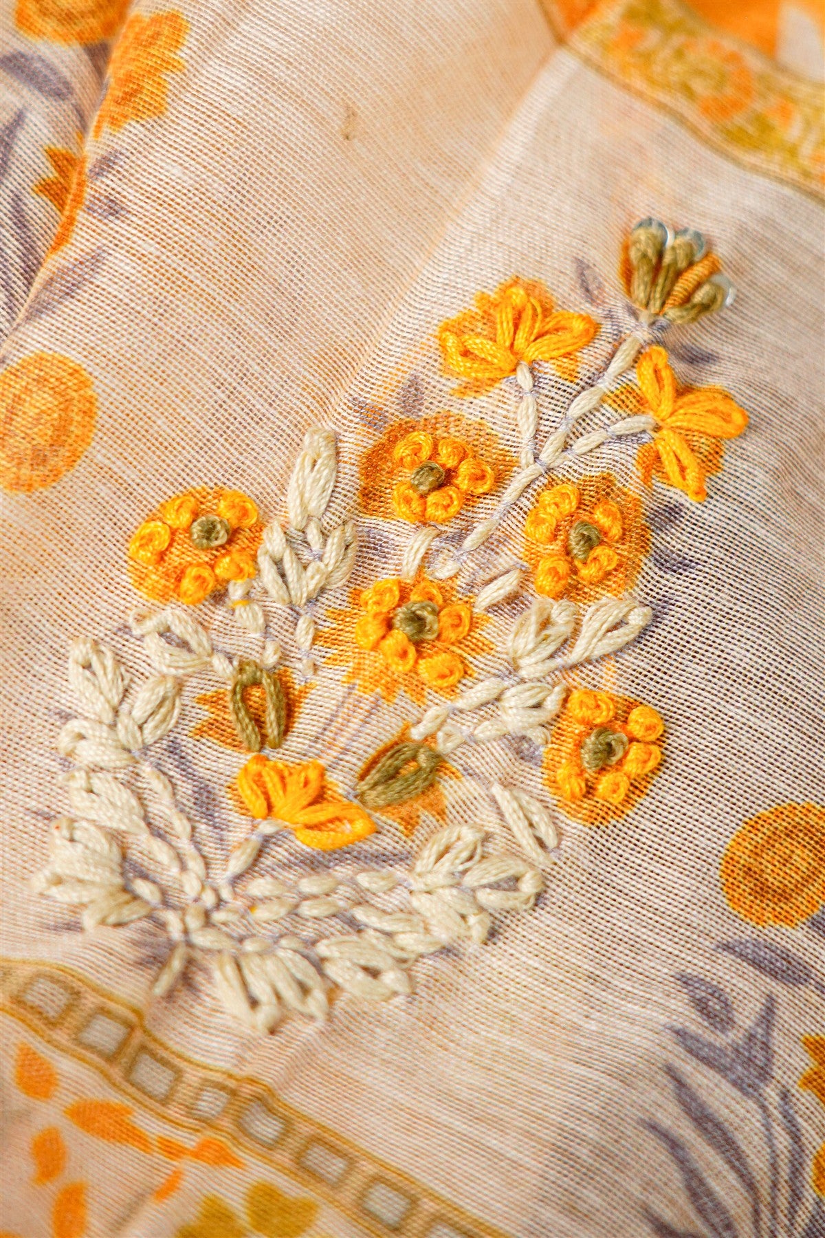 Chanderi Orange Floral Embroidered Dress Material