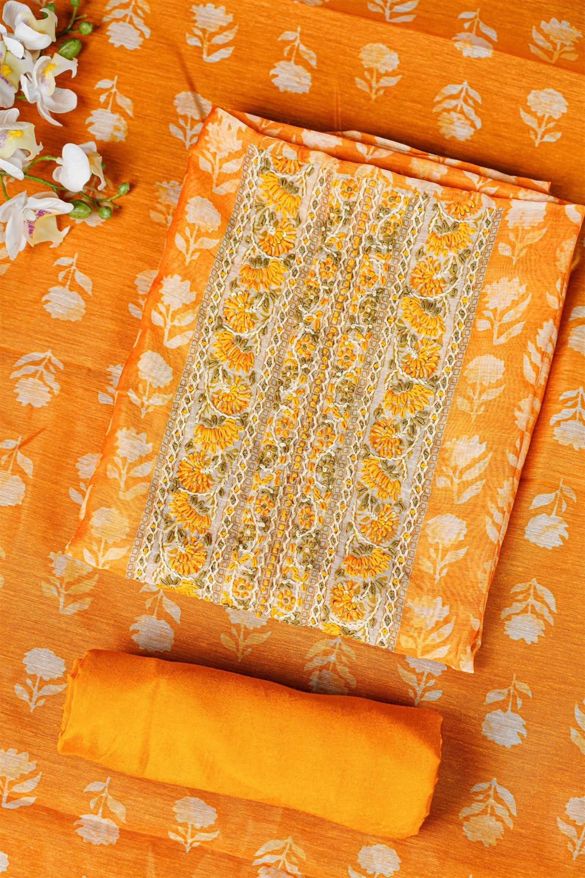 Chanderi Orange Floral Embroidered Dress Material