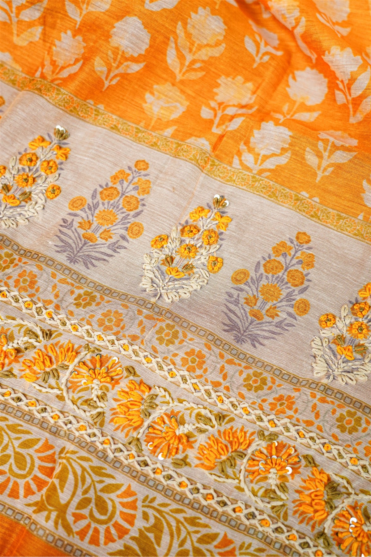 Chanderi Orange Floral Embroidered Dress Material