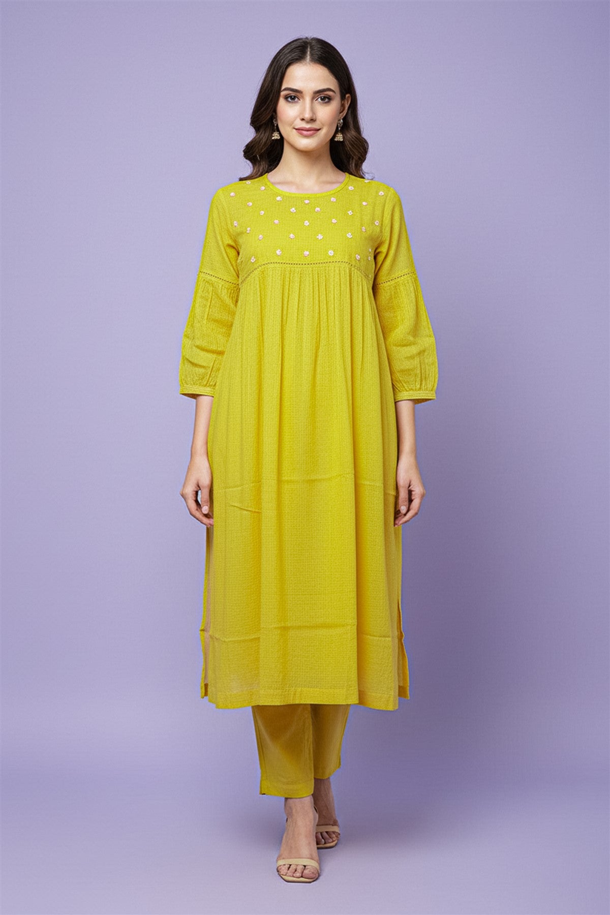 Jute Embroidery Lemon Yellow Kurta