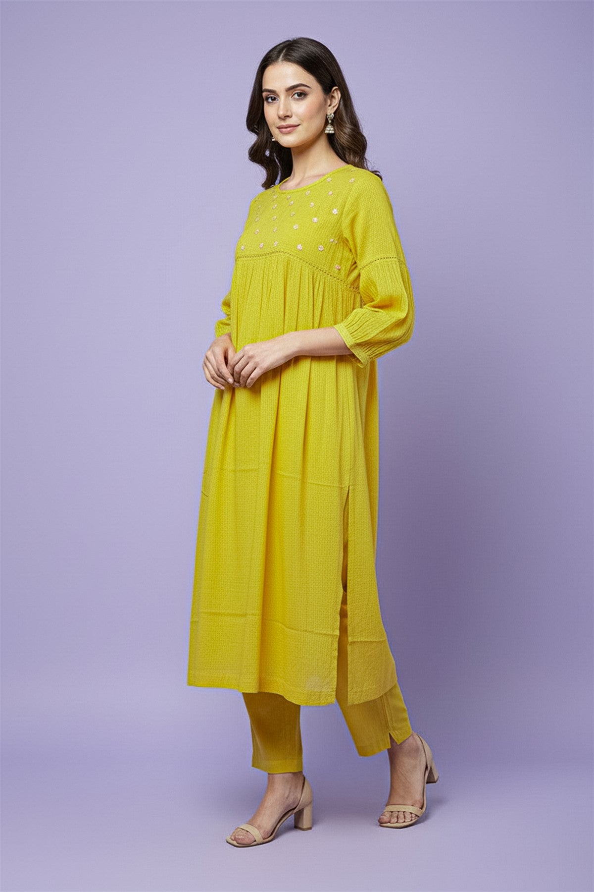 Jute Embroidery Lemon Yellow Kurta